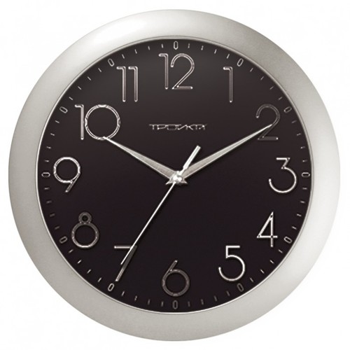 Часы: Круг черный с цифрами с серебристым ободом (Стекло+Пластик)